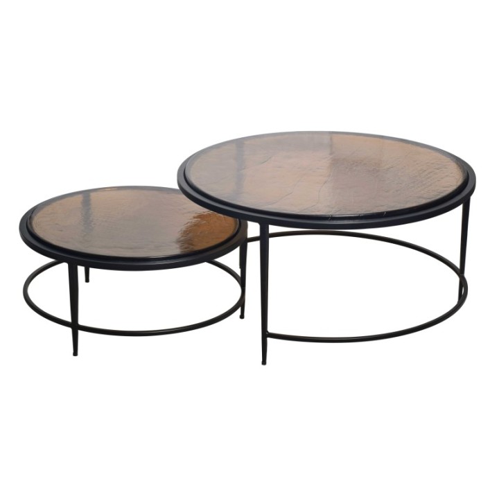 Tables basses gigognes en verre fumé et métal noir IGLOO